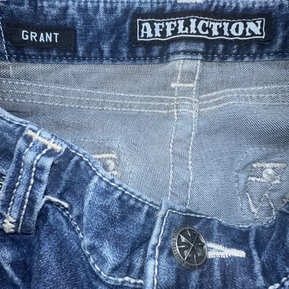 Affliction Grant Men's Jeans 36x32 Blue Distressed Straight Fit Street wear